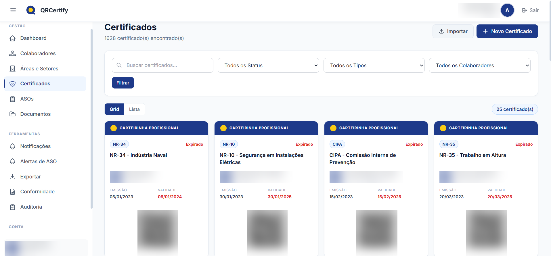 Tela de certificados do QRCertify com cards de NRs, validade, status e QR Code